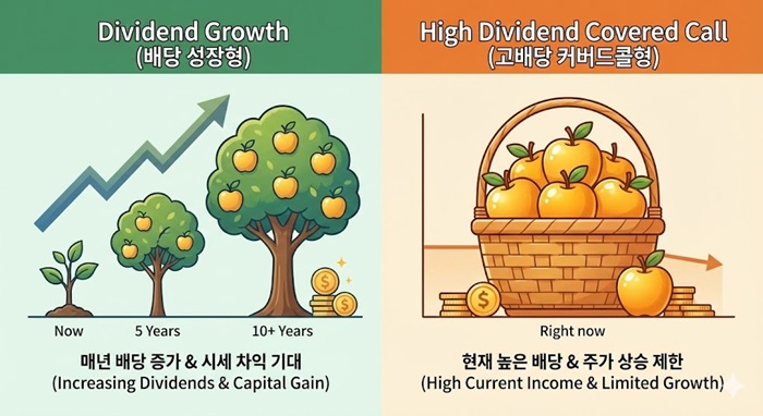 배당성장형 vs 고배당 커버드콜 비교