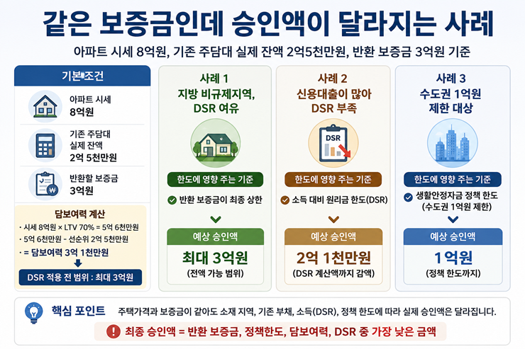 같은 전세보증금이라도 지방 비규제지역, DSR 부족, 수도권 1억원 제한에 따라 승인액이 달라지는 사례를 비교한 이미지